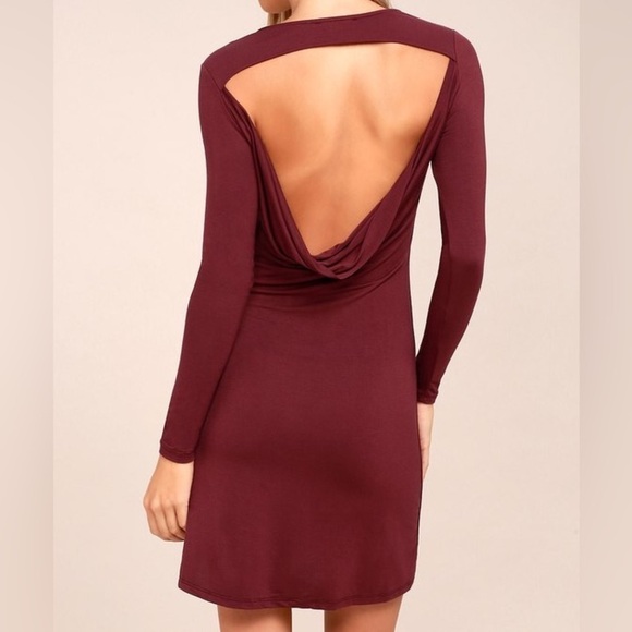 Lulus Wmn S Burgundy Jersey Knit Long Sleeve Backless Kiss And Tell Sheath Dress - Picture 2 of 10